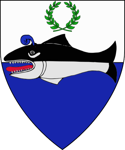 Image of Seagirt baronial arms. (Fieldless) An orca naiant per fess counter-ermine and ermine.