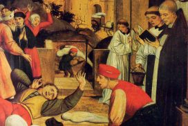 Portion of painting by Josse Lieferinxe depicting the clergy's reaction to a gravedigger afflicted during the plague of Justinian.