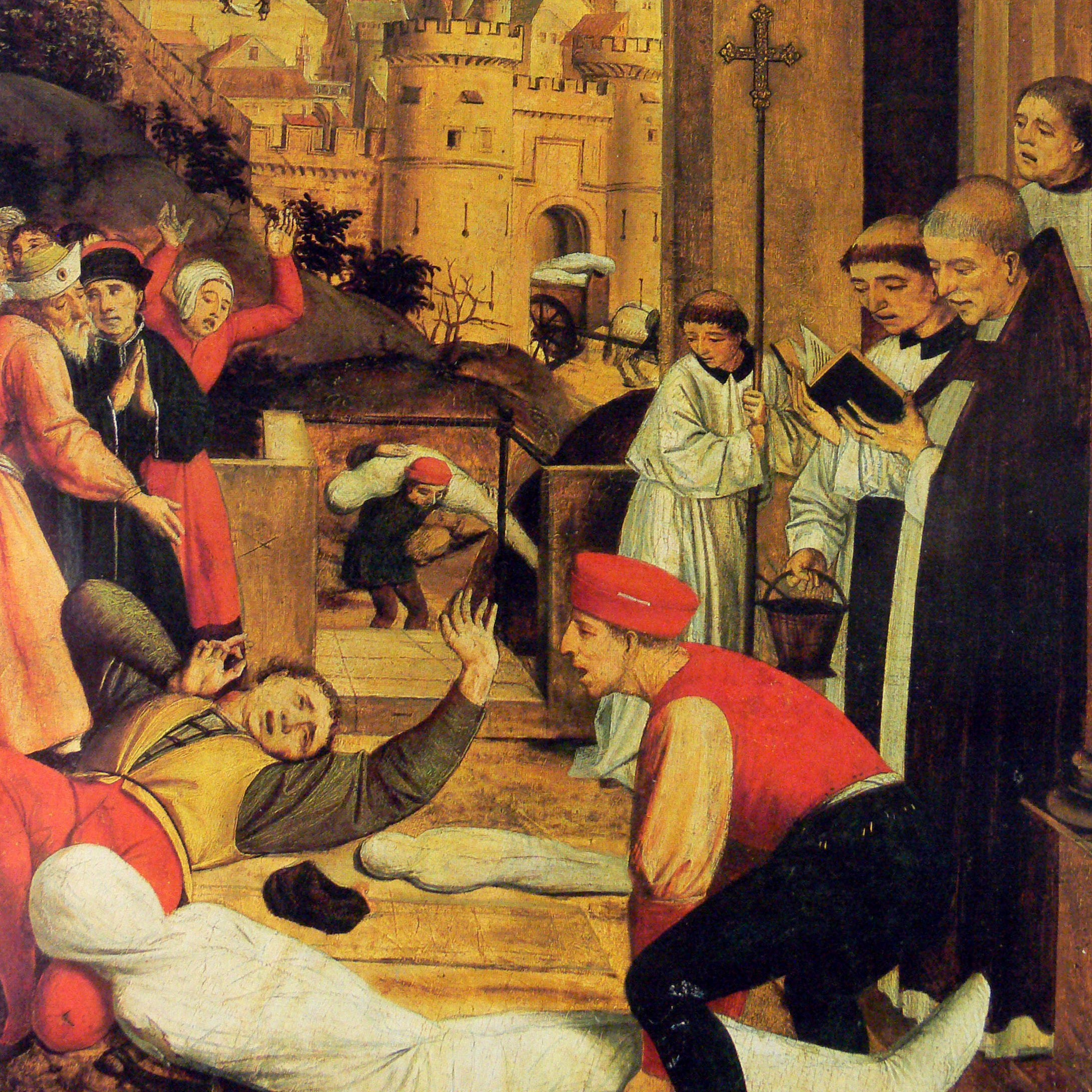 Portion of painting by Josse Lieferinxe depicting the clergy's reaction to a gravedigger afflicted during the plague of Justinian.